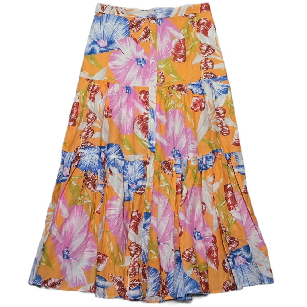 NEVER A WALLFLOWER Tropical Print Maxi Skirt Tiered Button Down Cotton Size XL